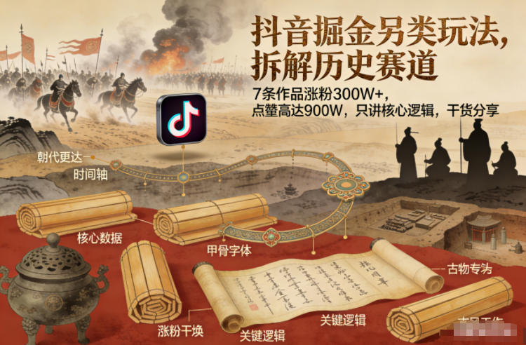 抖音掘金另类玩法，拆解历史赛道，7条作品涨粉300W+，点赞量高达900W，只讲核心逻辑，干货分享-星云源码网-汇集全网高质量源码及优质教程的资源整合站